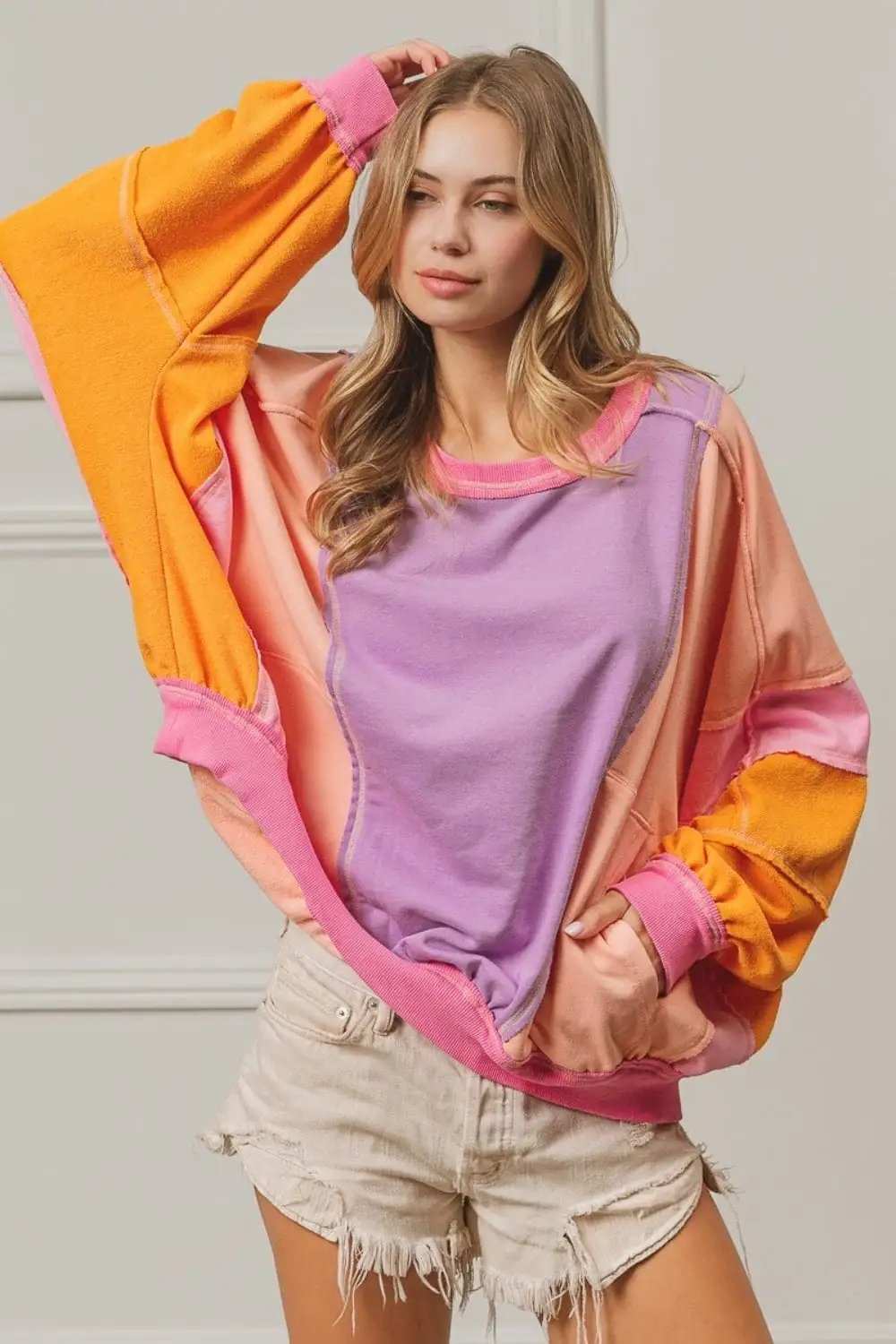 BiBi Color Block Exposed Seam Sweatshirt with Pockets - Trendsi - Flyclothing LLC