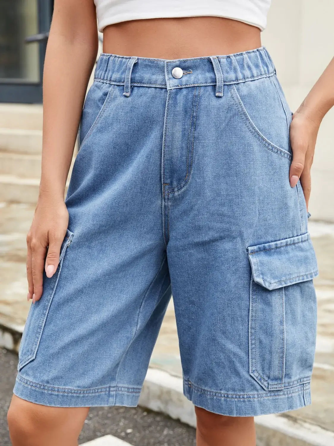 High Waist Denim Shorts with Pockets - Trendsi - Flyclothing LLC