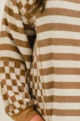 Plus Size Stripes & Checker Round Neck Long Sleeve Top - Trendsi - Flyclothing LLC