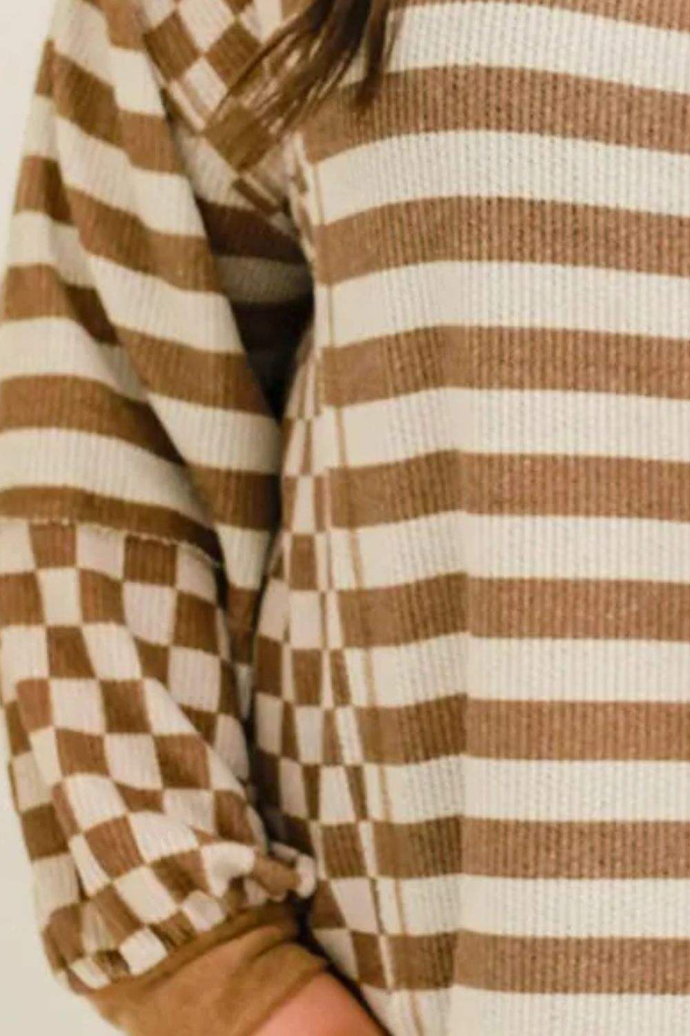 Plus Size Stripes & Checker Round Neck Long Sleeve Top - Trendsi - Flyclothing LLC