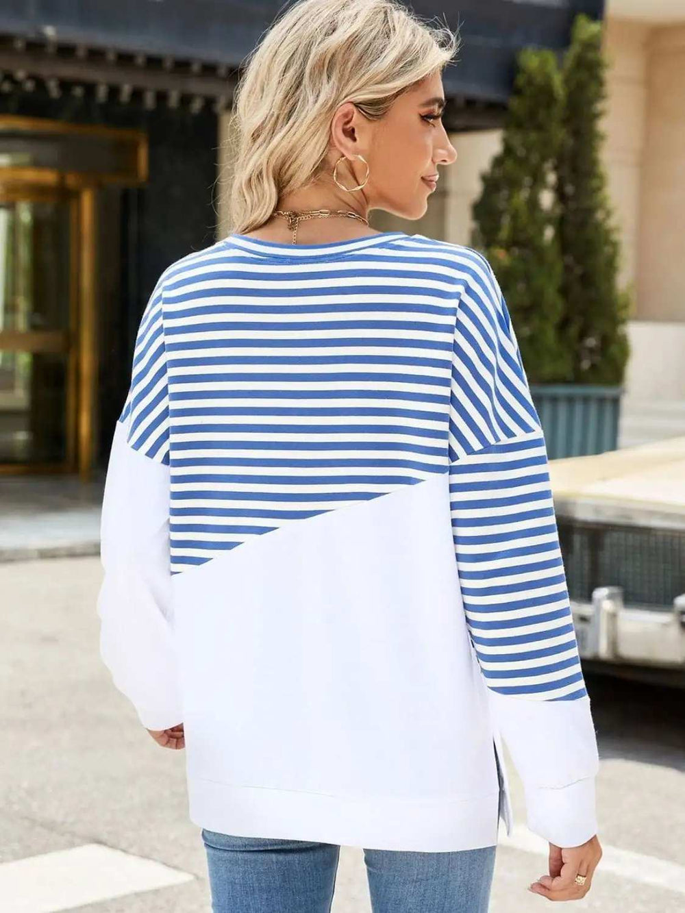 Slit Contrast Striped Long Sleeve Sweatshirt - Trendsi - Flyclothing LLC