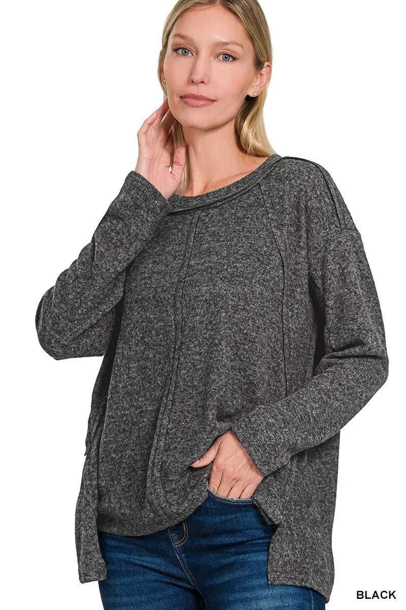 Zenana Full Size Brushed Hacci Exposed Seam Hi Low Sweater Plus Size - Trendsi - Flyclothing LLC