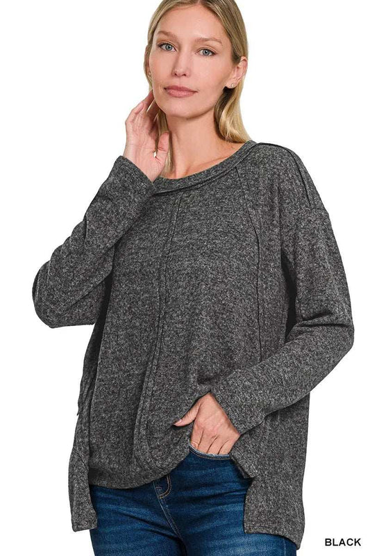 Zenana Full Size Brushed Hacci Exposed Seam Hi Low Sweater Plus Size - Trendsi - Flyclothing LLC