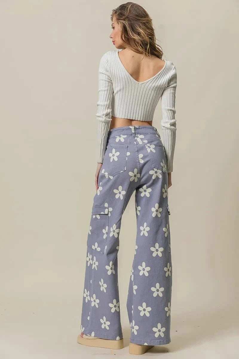 BiBi Flower Printed Side Pocket Wide Pants - Trendsi - Flyclothing LLC
