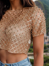 Sequin Bead Trim Round Neck Short Sleeve Blouse - Trendsi - Flyclothing LLC