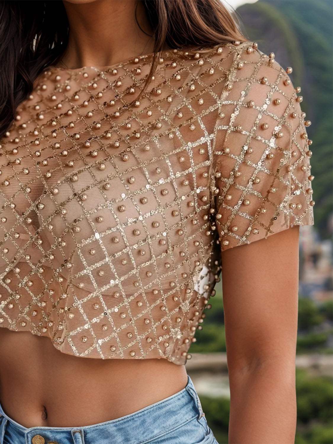 Sequin Bead Trim Round Neck Short Sleeve Blouse - Trendsi - Flyclothing LLC
