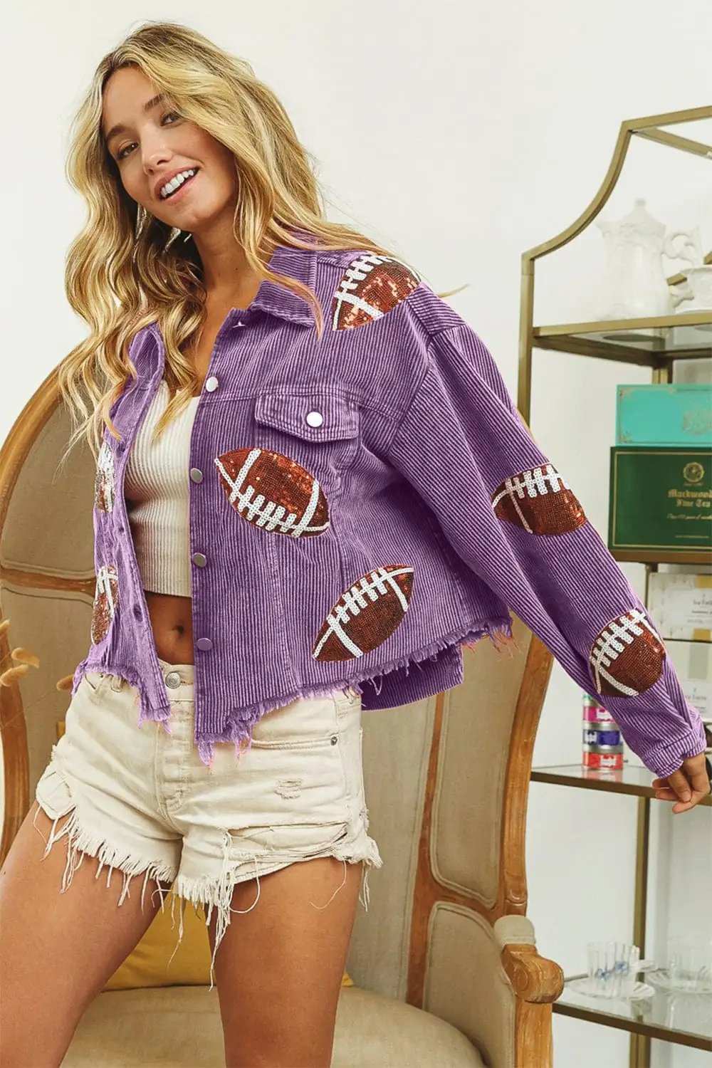 BiBi Football Sequin Embroidery Washed Corduroy Jacket - Trendsi - Flyclothing LLC