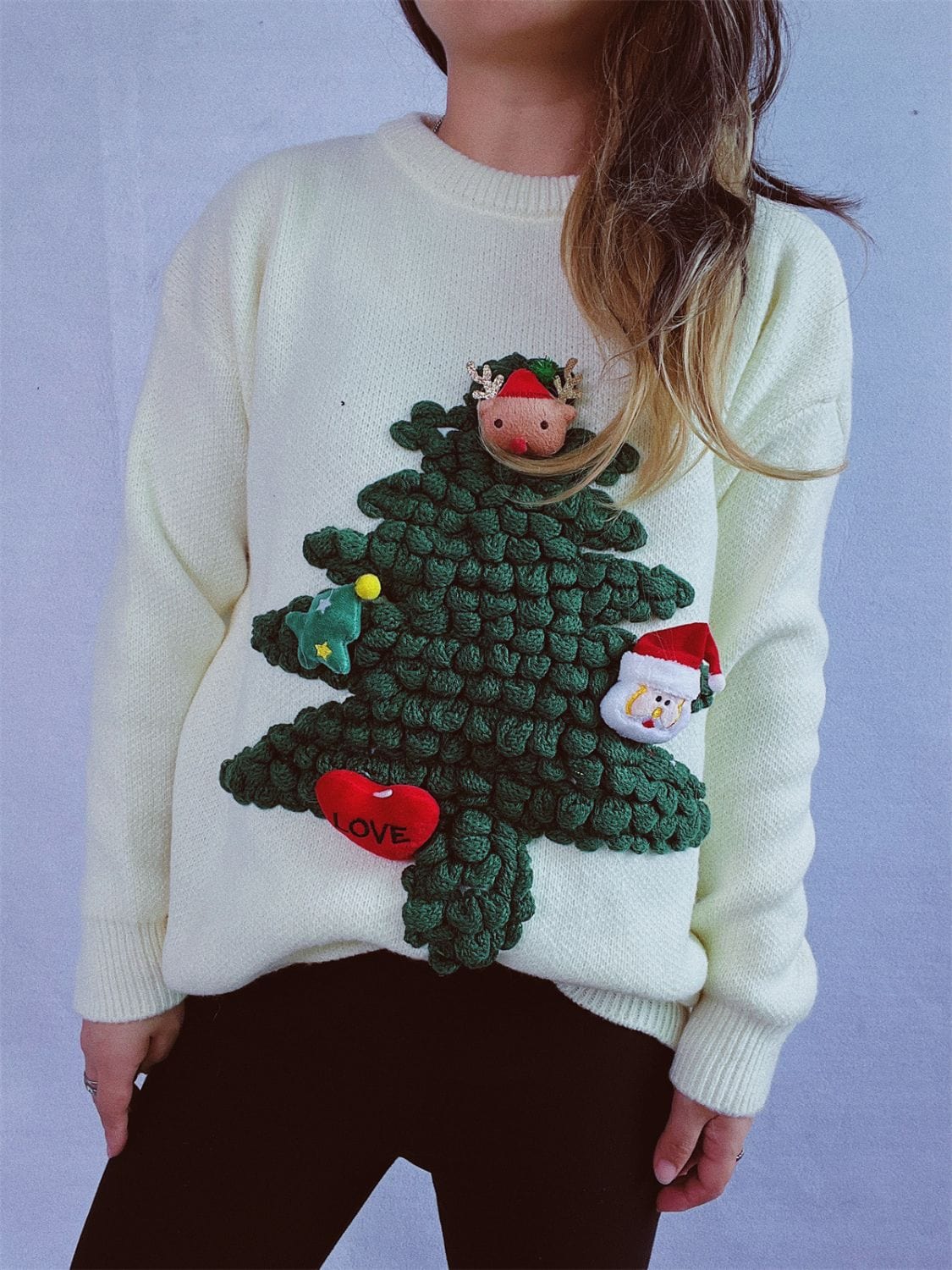 Christmas Tree Round Neck Long Sleeve Sweater - Trendsi