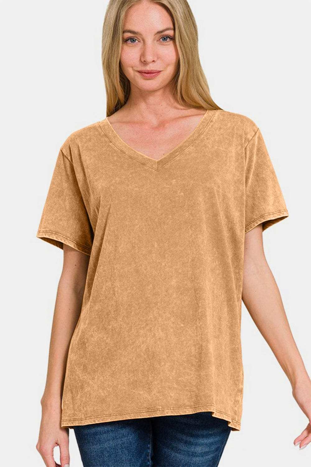Zenana Full Size Washed Short Sleeve V-Neck T-Shirt - Trendsi - Flyclothing LLC
