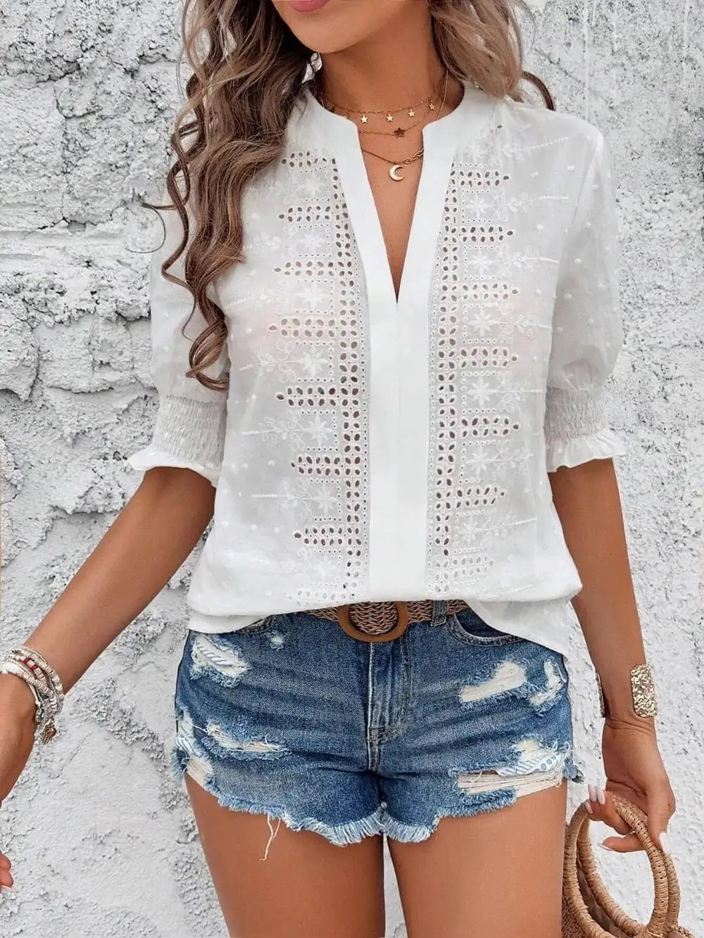 Eyelet Notched Flounce Sleeve Blouse - Trendsi