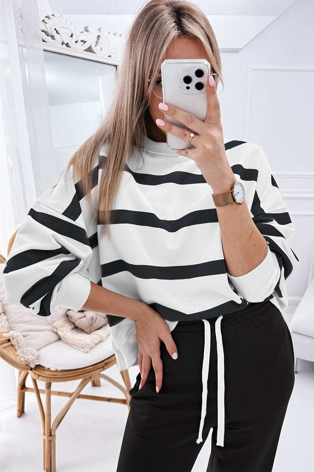 Striped Round Neck Long Sleeve Top and Pants Set - Trendsi - Flyclothing LLC