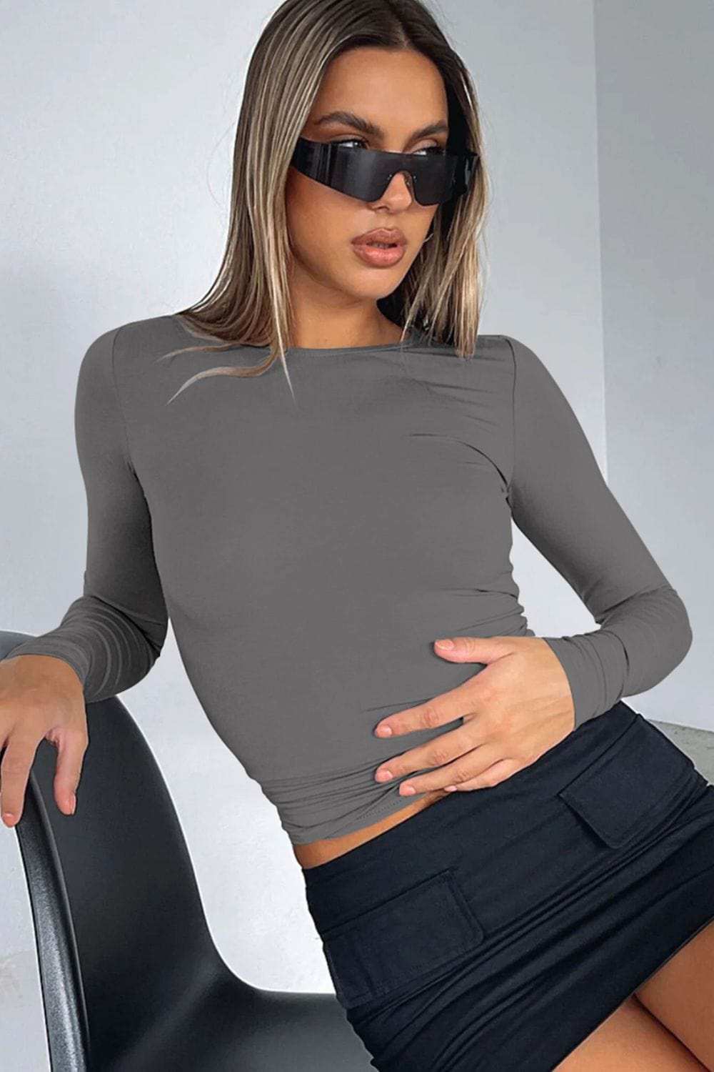 Round Neck Long-Sleeve Top - Trendsi - Flyclothing LLC