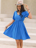 Tied Swiss Dot V-Neck Short Sleeve Dress - Trendsi