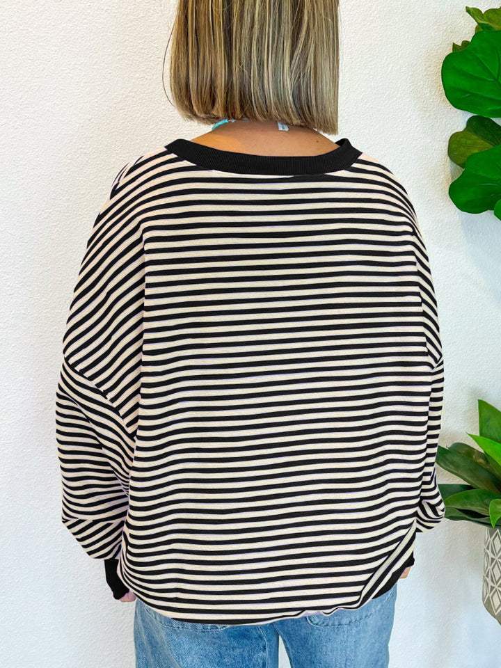 Striped Round Neck Long Sleeve Sweatshirt - Trendsi - Flyclothing LLC