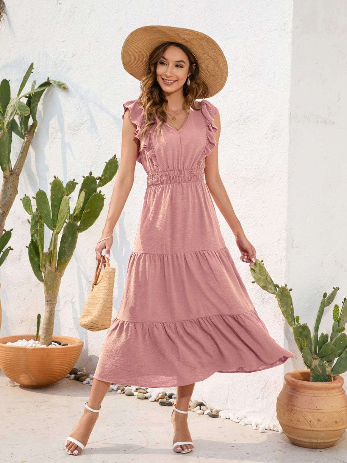 Tiered Ruffled V-Neck Cap Sleeve Dress - Trendsi - Flyclothing LLC