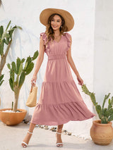 Tiered Ruffled V-Neck Cap Sleeve Dress - Trendsi - Flyclothing LLC