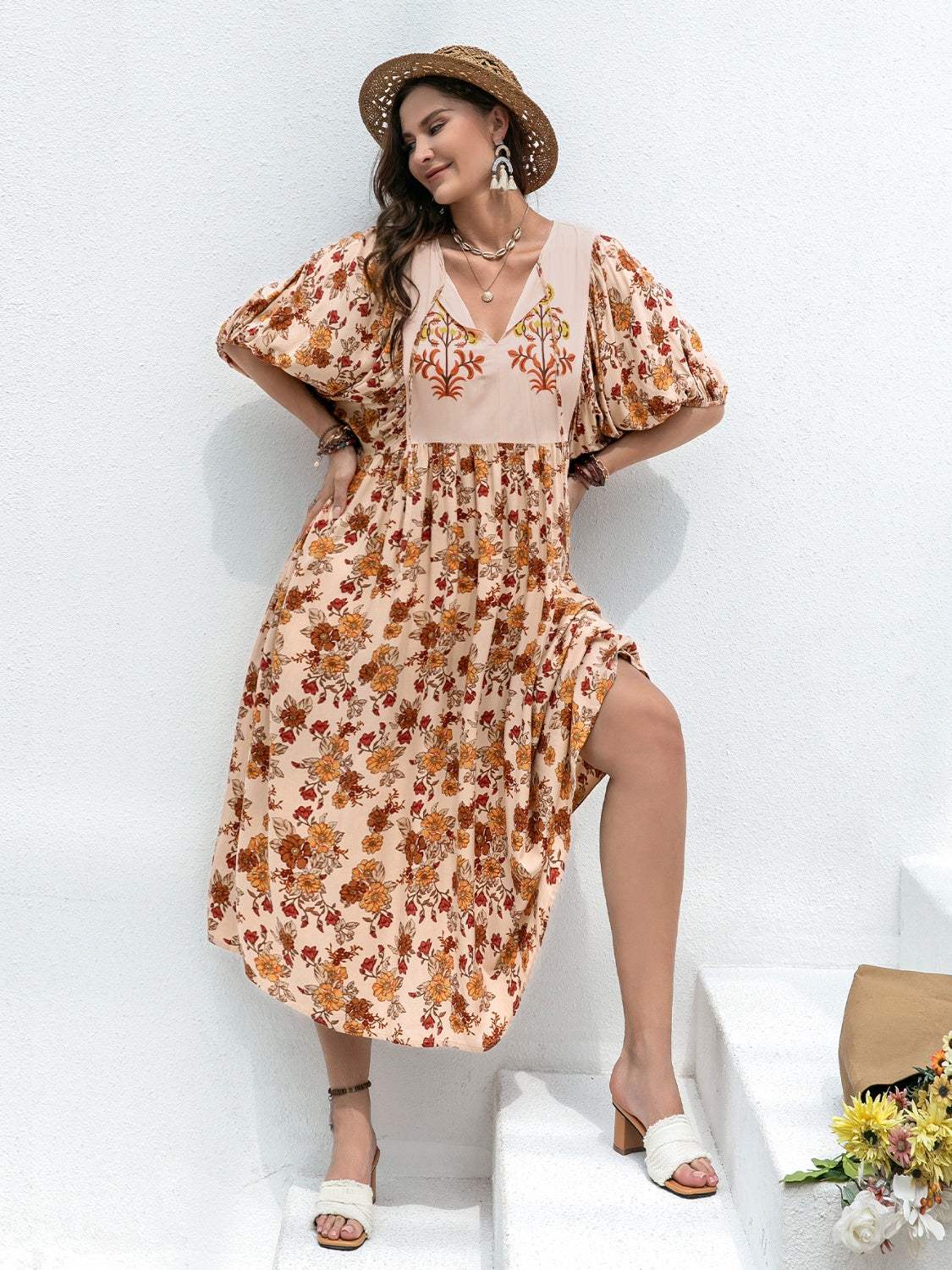 Plus Size Printed Tie Neck Half Sleeve Midi Dress - Trendsi - Flyclothing LLC