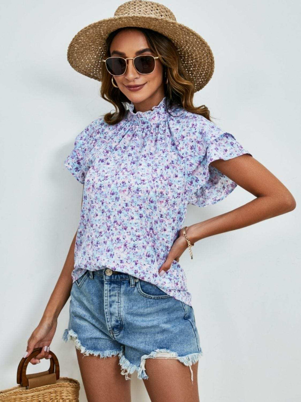 Ditsy Floral Mock Neck Flounce Sleeve Blouse - Trendsi - Flyclothing LLC