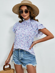 Ditsy Floral Mock Neck Flounce Sleeve Blouse - Trendsi