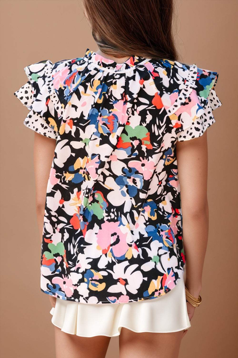 Ruffled Printed Tie Neck Cap Sleeve Blouse - Trendsi - Flyclothing LLC