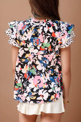 Ruffled Printed Tie Neck Cap Sleeve Blouse - Trendsi - Flyclothing LLC