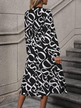 Printed V-Neck Long Sleeve Midi Dress - Trendsi - Flyclothing LLC