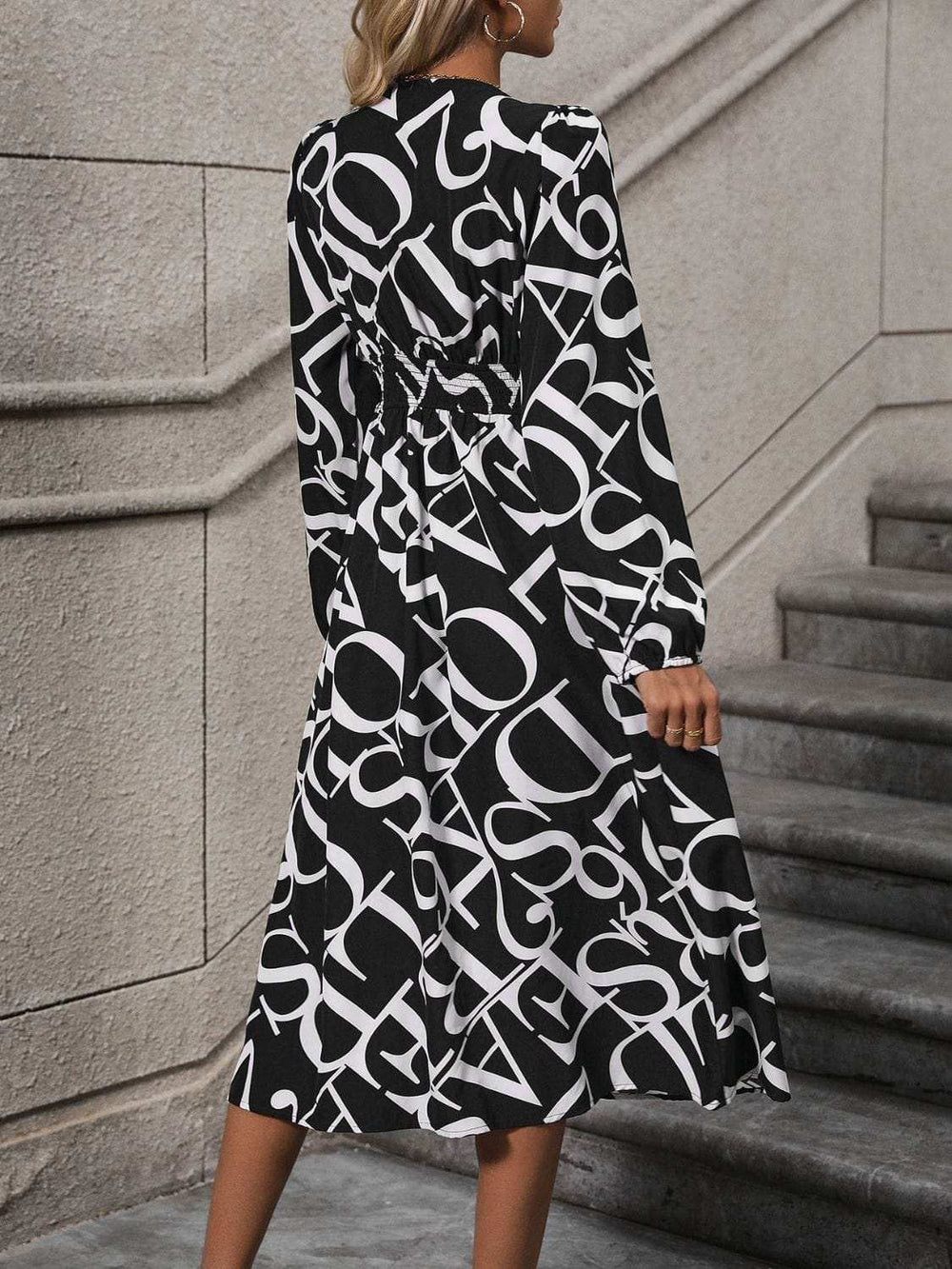 Printed V-Neck Long Sleeve Midi Dress - Trendsi - Flyclothing LLC