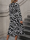 Printed V-Neck Long Sleeve Midi Dress - Trendsi