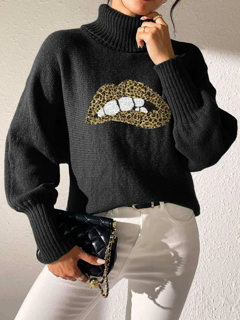 Lip Turtleneck Long Sleeve Sweater - Trendsi - Flyclothing LLC