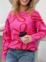 Flower Crew Neck Long Sleeve Sweater - Trendsi - Flyclothing LLC