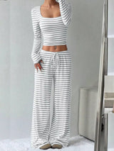 Striped Long Sleeve Crop Top and Wide Leg Pants Set - Trendsi - Flyclothing LLC