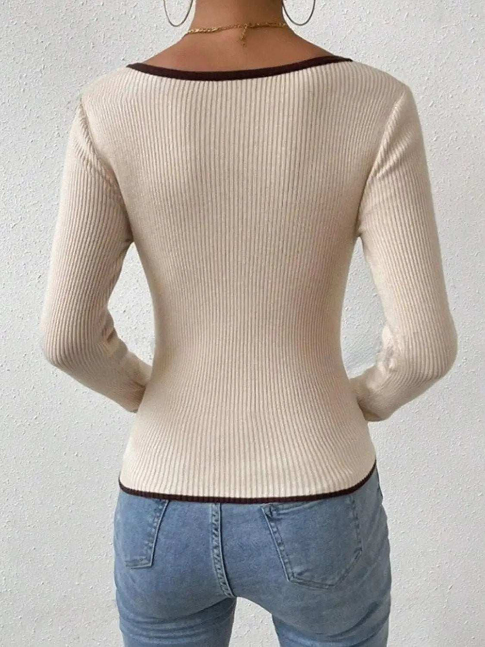 Contrast Trim Long Sleeve Knit Top - Trendsi - Flyclothing LLC