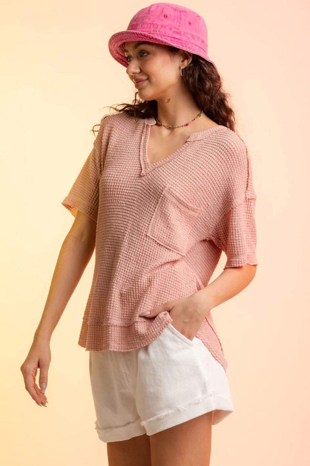 Waffle-Knit Notched Half Sleeve T-Shirt - Trendsi - Flyclothing LLC