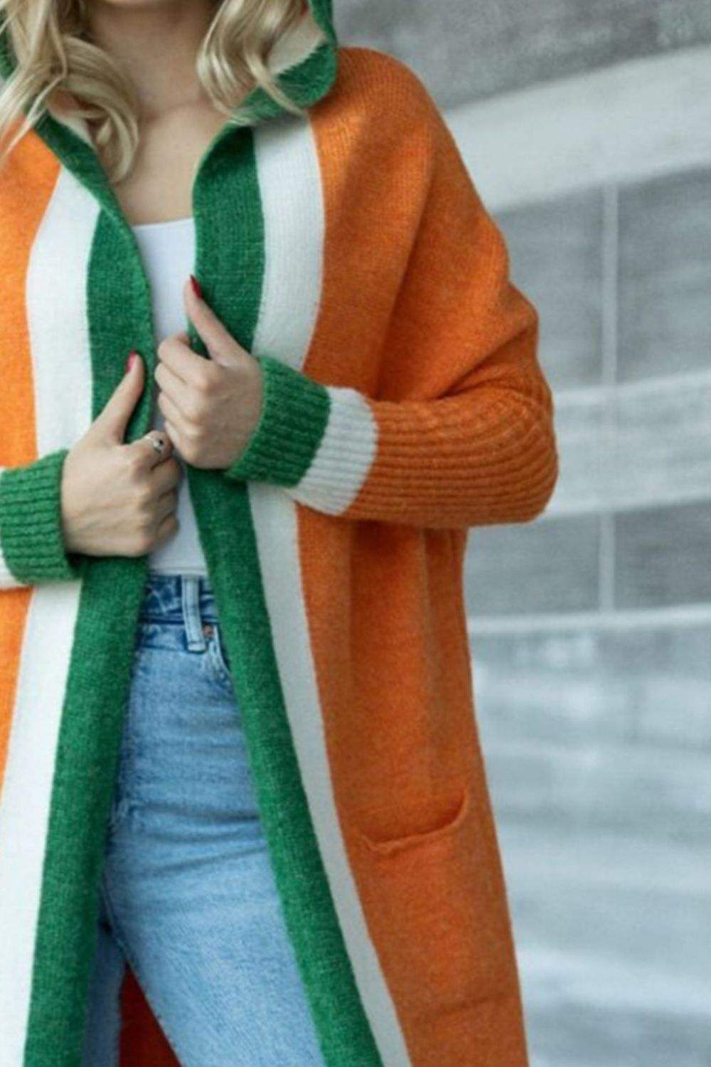 Pocketed Contrast Long Sleeve Hooded Cardigan - Trendsi - Flyclothing LLC