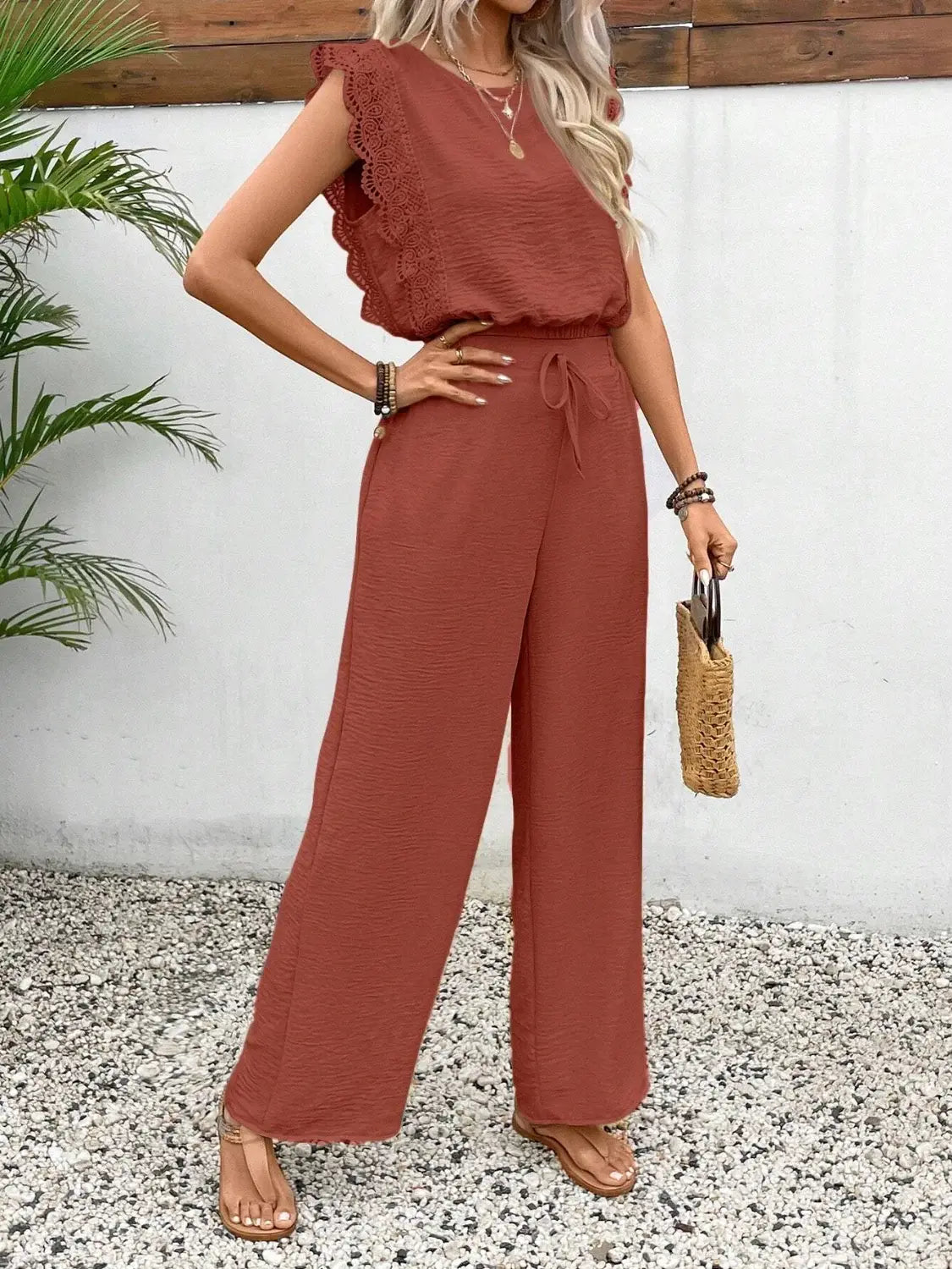 Lace Trim Round Neck Top and Pants Set - Trendsi - Flyclothing LLC
