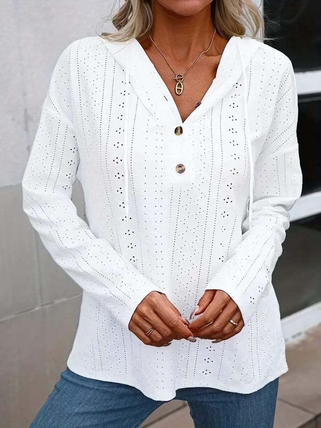 Drawstring Eyelet Long Sleeve Hoodie - Trendsi - Flyclothing LLC