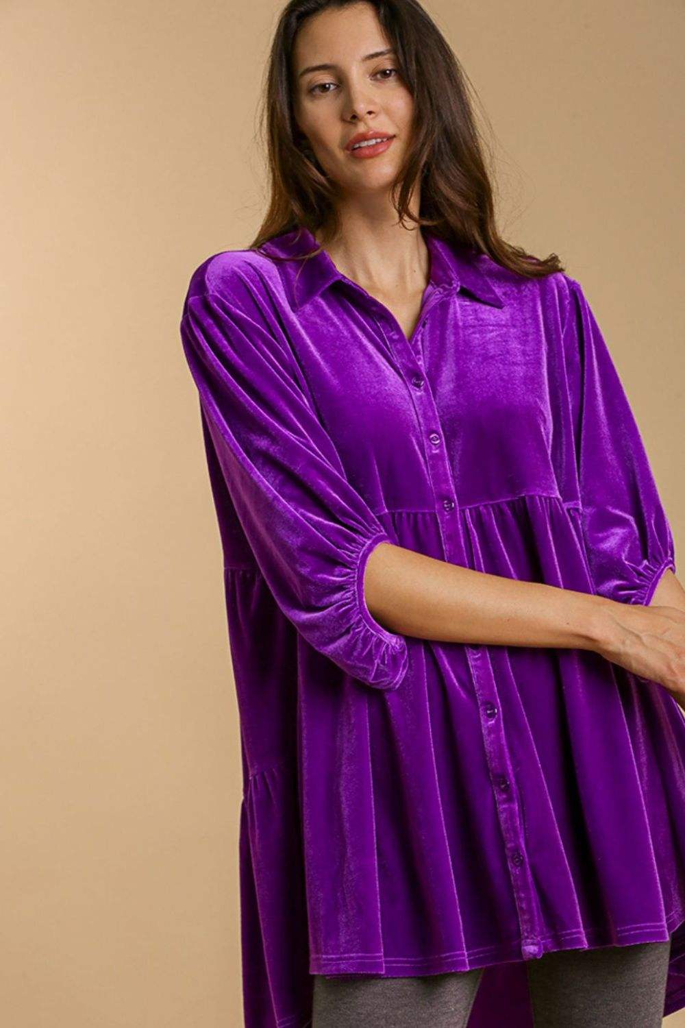 Umgee Full Size Button Down Tiered Back High Low Shirt - Trendsi - Flyclothing LLC