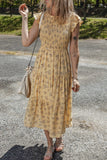 Floral Print Ruffle Cap Sleeve Smocked Flowy Dress - Trendsi