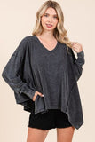 Mittoshop Mineral Wash V-Neck Long Sleeve Oversized Top - Trendsi