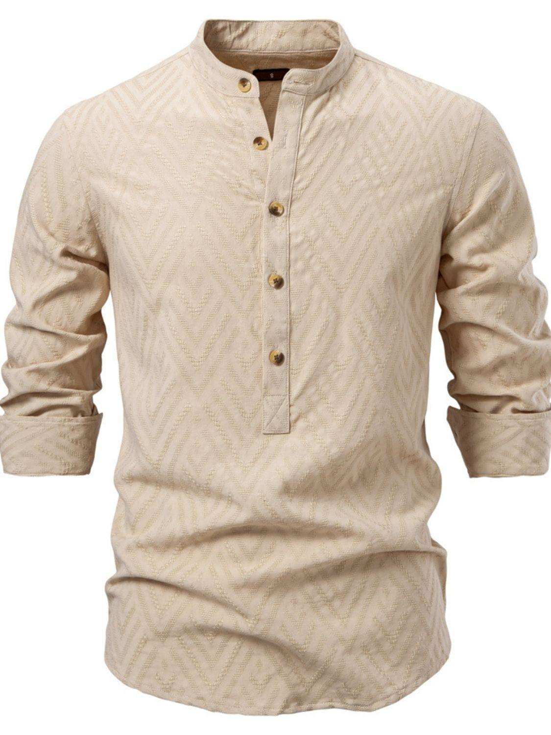 Men's Half Button Geometric Texture Collared Neck Shirt - Trendsi - Flyclothing LLC