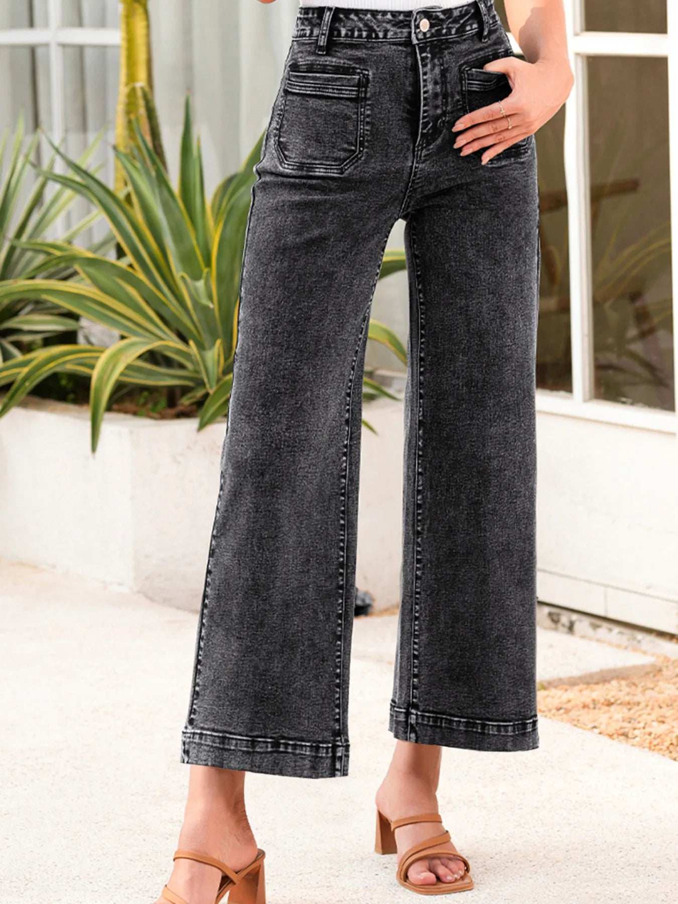 High-Waisted Wide Leg Washed Jeans - Trendsi - Flyclothing LLC