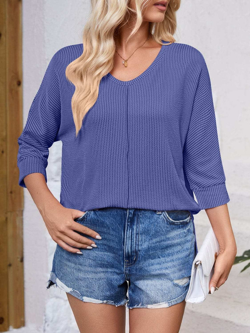 Textured Round Neck Three-Quarter Sleeve Blouse - Trendsi - Flyclothing LLC