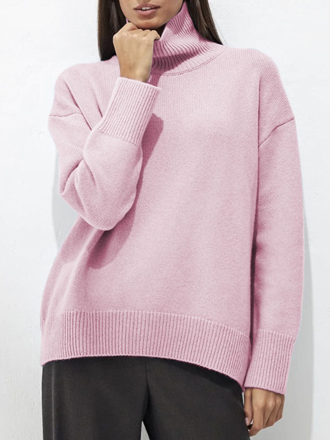 Turtleneck Drop Shoulder Long Sleeve Sweater - Trendsi