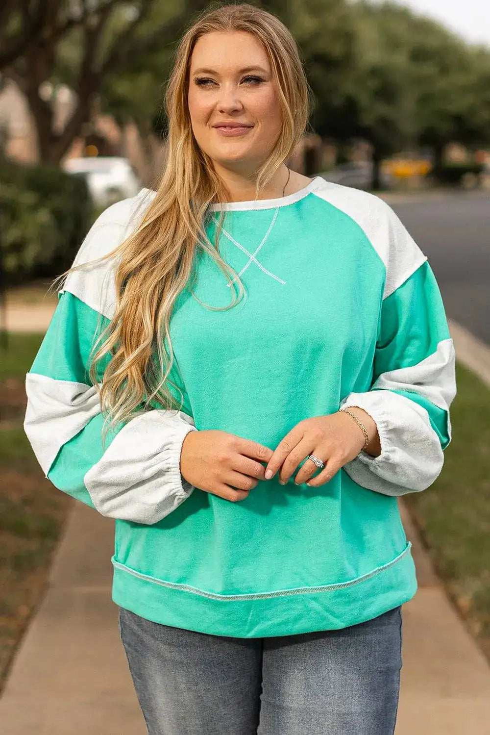 Plus Size Exposed Seam Color Block Long Sleeve Sweatshirt - Trendsi - Flyclothing LLC
