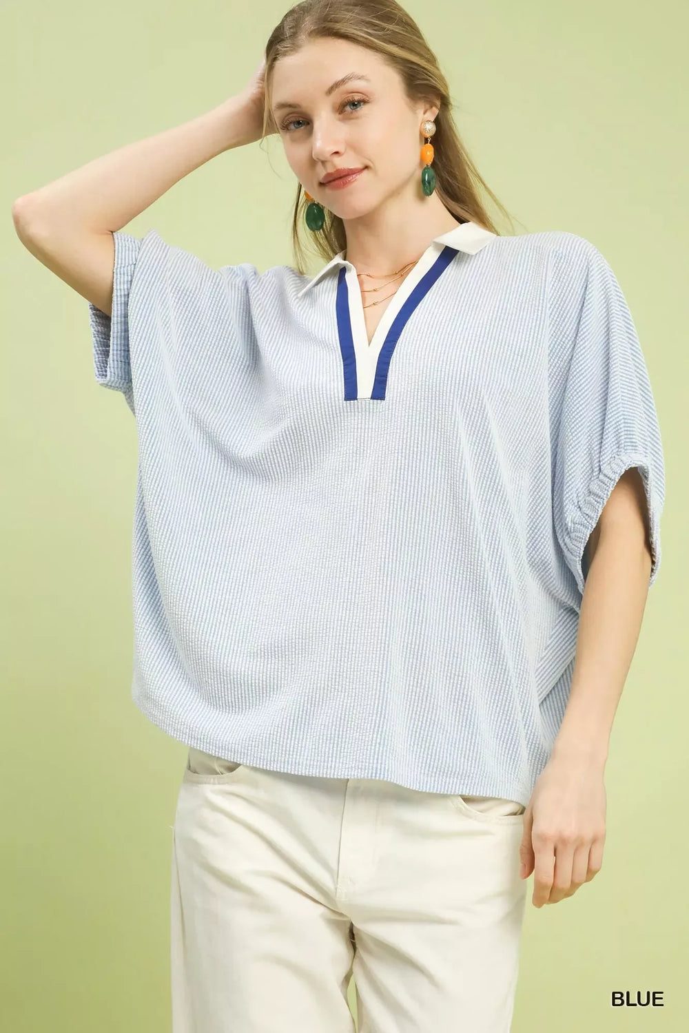 Contrast Collar V-Neck Top - Trendsi - Flyclothing LLC