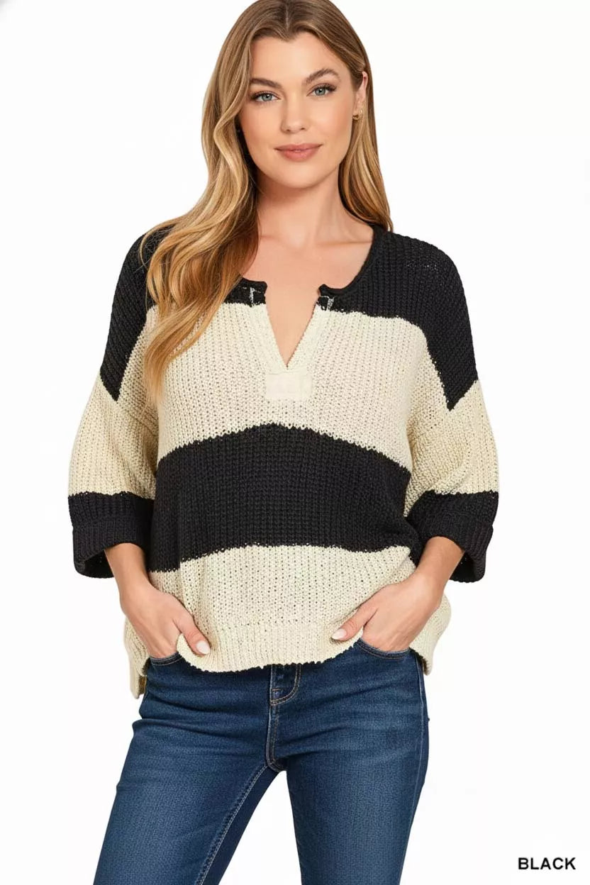 Zenana Split Neck Stripe Sweater - Trendsi - Flyclothing LLC