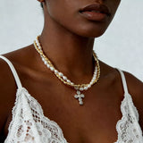 Elegant Pearl Alloy Necklace with Rhinestone Cross Pendant - Trendsi - Flyclothing LLC