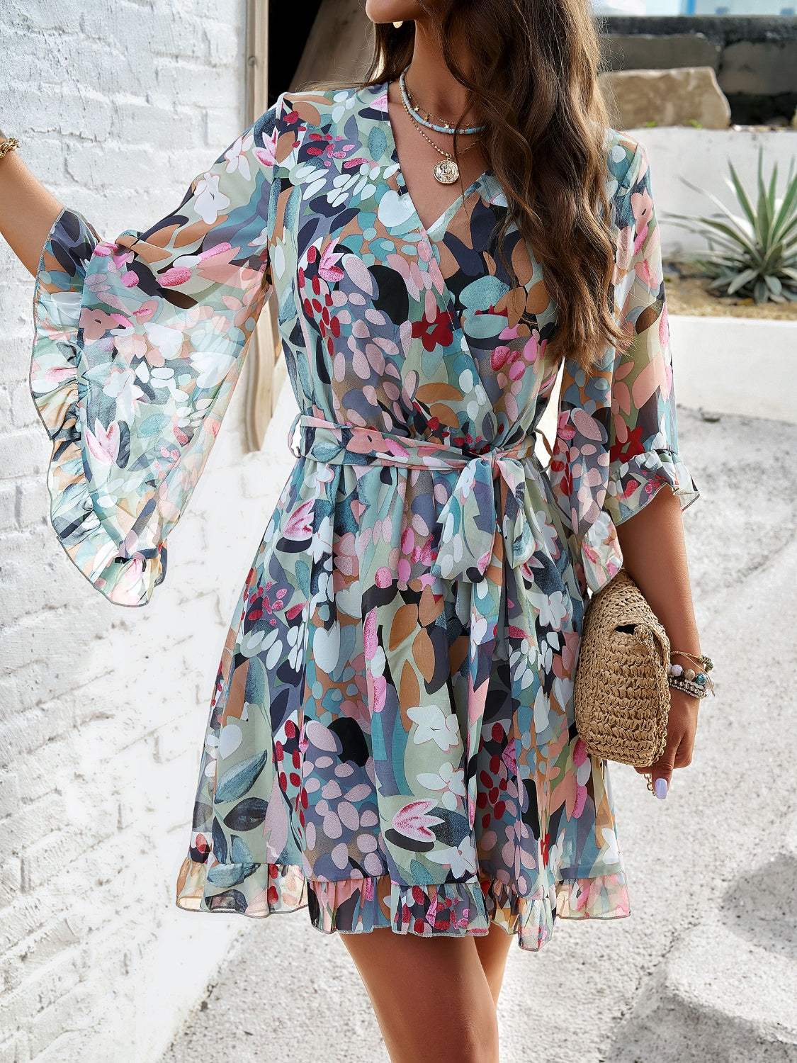 Ruffled Printed Surplice Half Sleeve Mini Dress - Trendsi - Flyclothing LLC