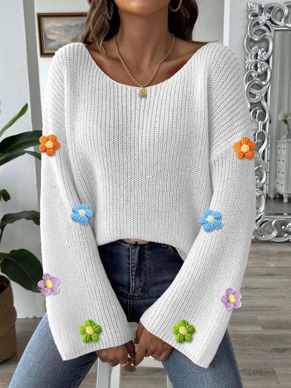 Flower Round Neck Long Sleeve Sweater - Trendsi - Flyclothing LLC