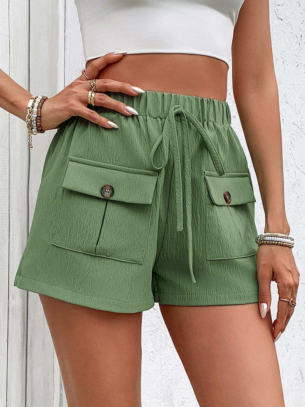 Tied Elastic Waist Shorts with Pockets - Trendsi - Flyclothing LLC